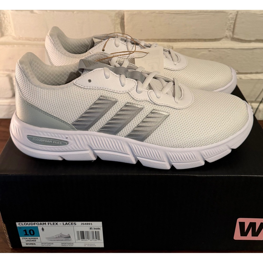 Adidas Cloudfoam Flex Laces White Silver Running Shoes •10• Athleisure Sporty